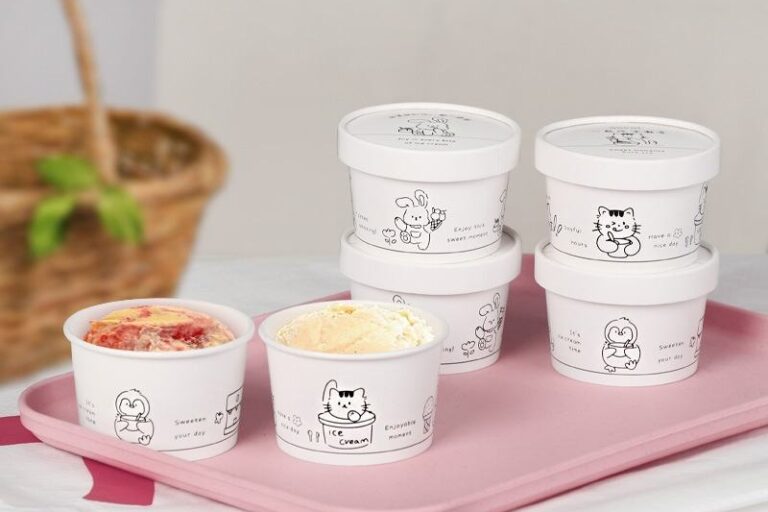 Cute single wall paper ice cream cups with lids for dessert takeaway
