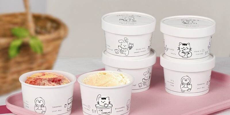 Cute single wall paper ice cream cups with lids for dessert takeaway