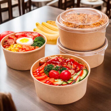 Disposable round kraft paper food bowls and soup cups with lids