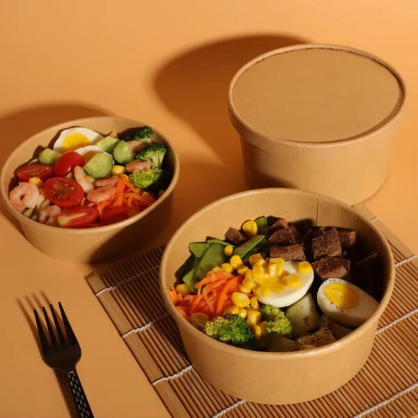 Disposable round kraft paper food bowls and soup cups with lids