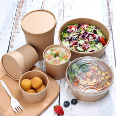 Kraft paper food bowl and soup cup with lids for takeaway meals