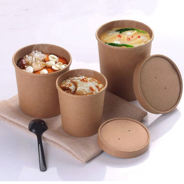 Kraft paper food bowl and soup cup with lids for takeaway meals