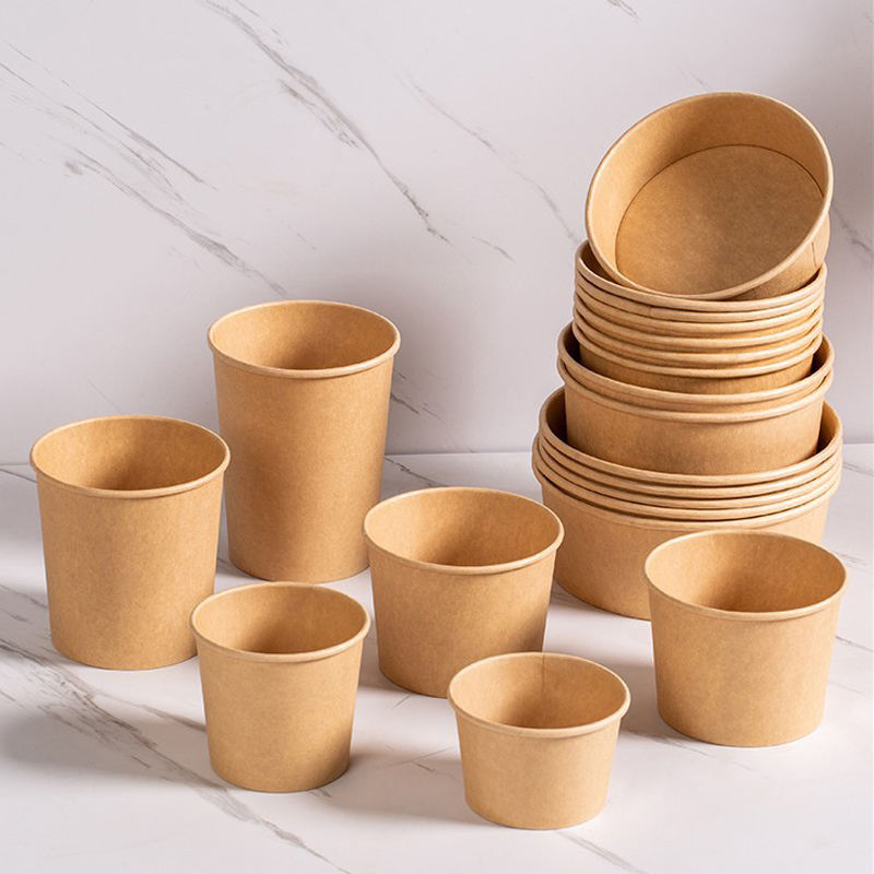 Kraft paper food bowl and soup cup with lids for takeaway meals