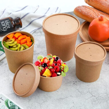 Kraft paper food bowl and soup cup with lids for takeaway meals